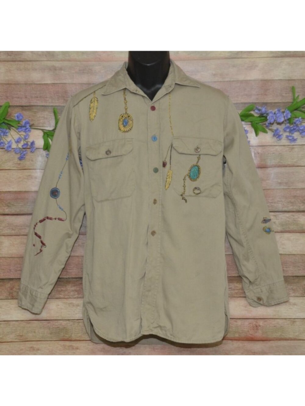 Vintage JCPenneys Big Mac Khaki Denim Hand Painted Size L One of a KIND Boho